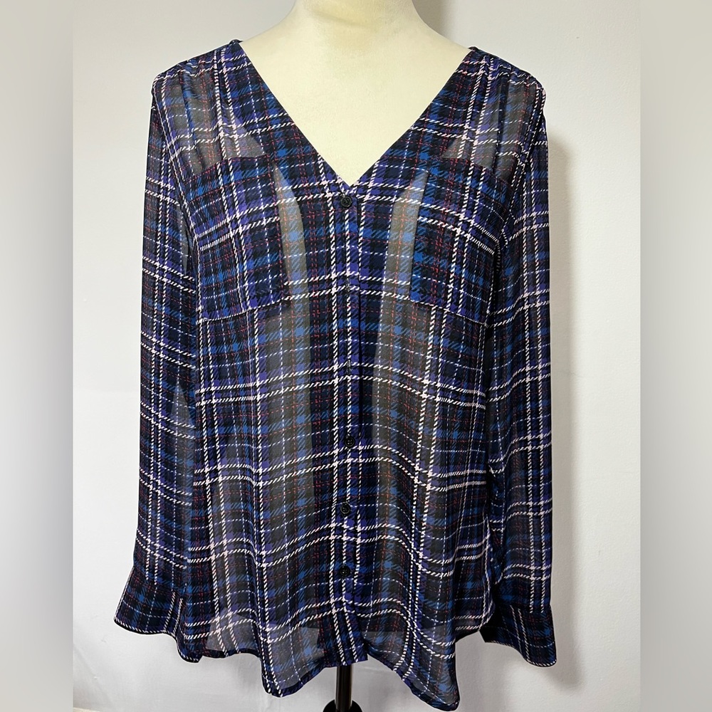 Express, long sleeve tartan print blouse, M